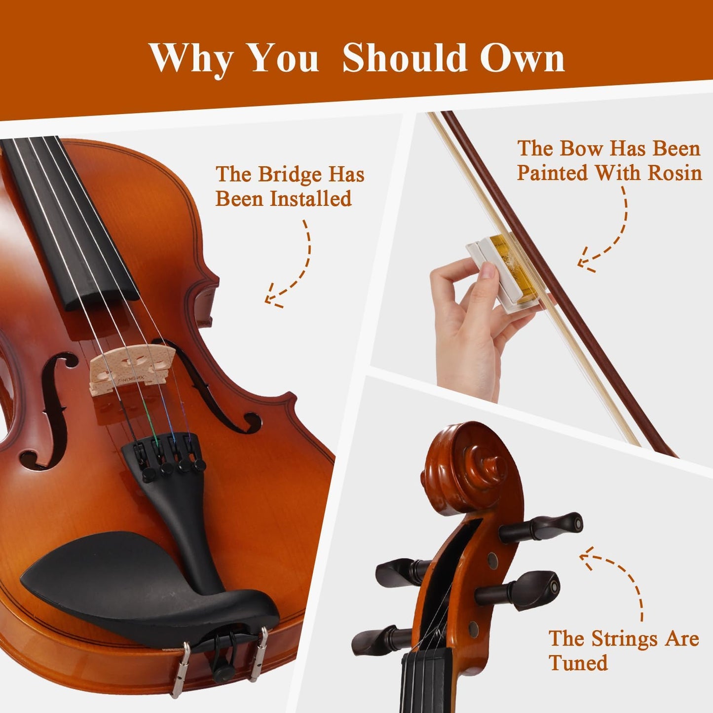PHOENIX Violin 1/4 Full Size Kit, Violin Fiddle Set for Beginner Adults Student with Rosewood Bow, Extra Strings & Bridge, 2 Rosins, Tuner, Case, Mute, Fingerboard Stickers, Shoulder Rest (1/4)