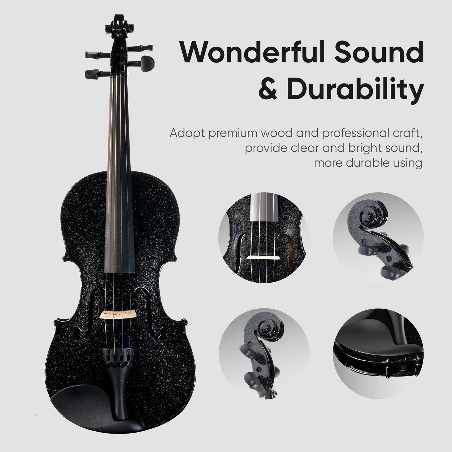 PHOENIX Violin 4/4 Full Size Set, Fiddle Solid Wood for professional Beginners Adults with Rosewood Bow Extra strings & Bridge,Rosins, Tuner, Mute, Case (Black, Full)