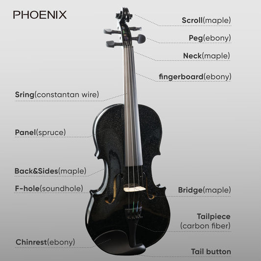 PHOENIX Violin 4/4 Full Size Set, Fiddle Solid Wood for professional Beginners Adults with Rosewood Bow Extra strings & Bridge,Rosins, Tuner, Mute, Case (Black, Full)