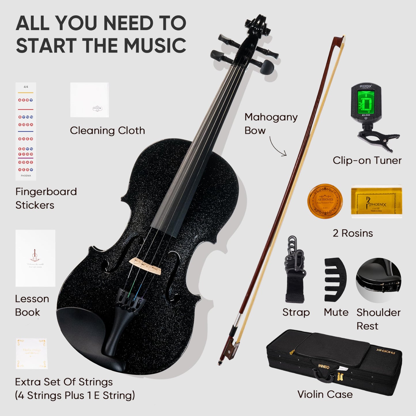PHOENIX Violin 4/4 Full Size Set, Fiddle Solid Wood for professional Beginners Adults with Rosewood Bow Extra strings & Bridge,Rosins, Tuner, Mute, Case (Black, Full)