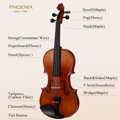 PHOENIX Violin 4/4 Full Size Set, Fiddle Solid Wood for professional Beginners Adults Kid with Ironwood Octagonal Bow & Rosewood Bow Extra strings & Bridge, 2 Rosins, Tuner, Mute, Case (Natural, Full)