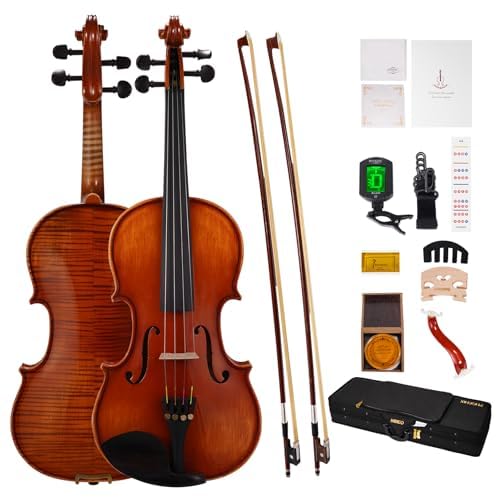 PHOENIX Violin 4/4 Full Size Set, Fiddle Solid Wood for professional Beginners Adults Kid with Ironwood Octagonal Bow & Rosewood Bow Extra strings & Bridge, 2 Rosins, Tuner, Mute, Case (Natural, 3/4)