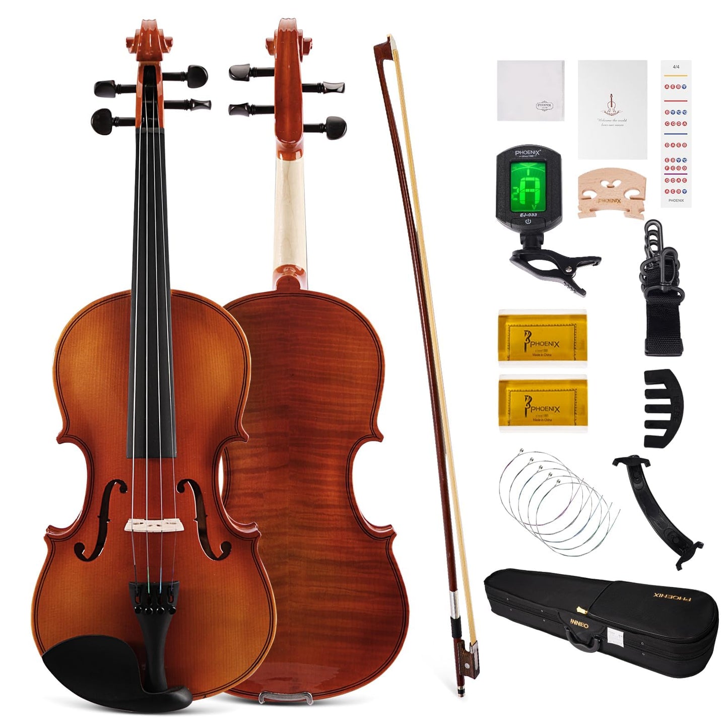 PHOENIX Violin 1/2 Full Size Kit, Violin Fiddle Set for Beginner Adults Student with Rosewood Bow, Extra Strings & Bridge, 2 Rosins, Tuner, Case, Mute, Fingerboard Stickers, Shoulder Rest (1/2)
