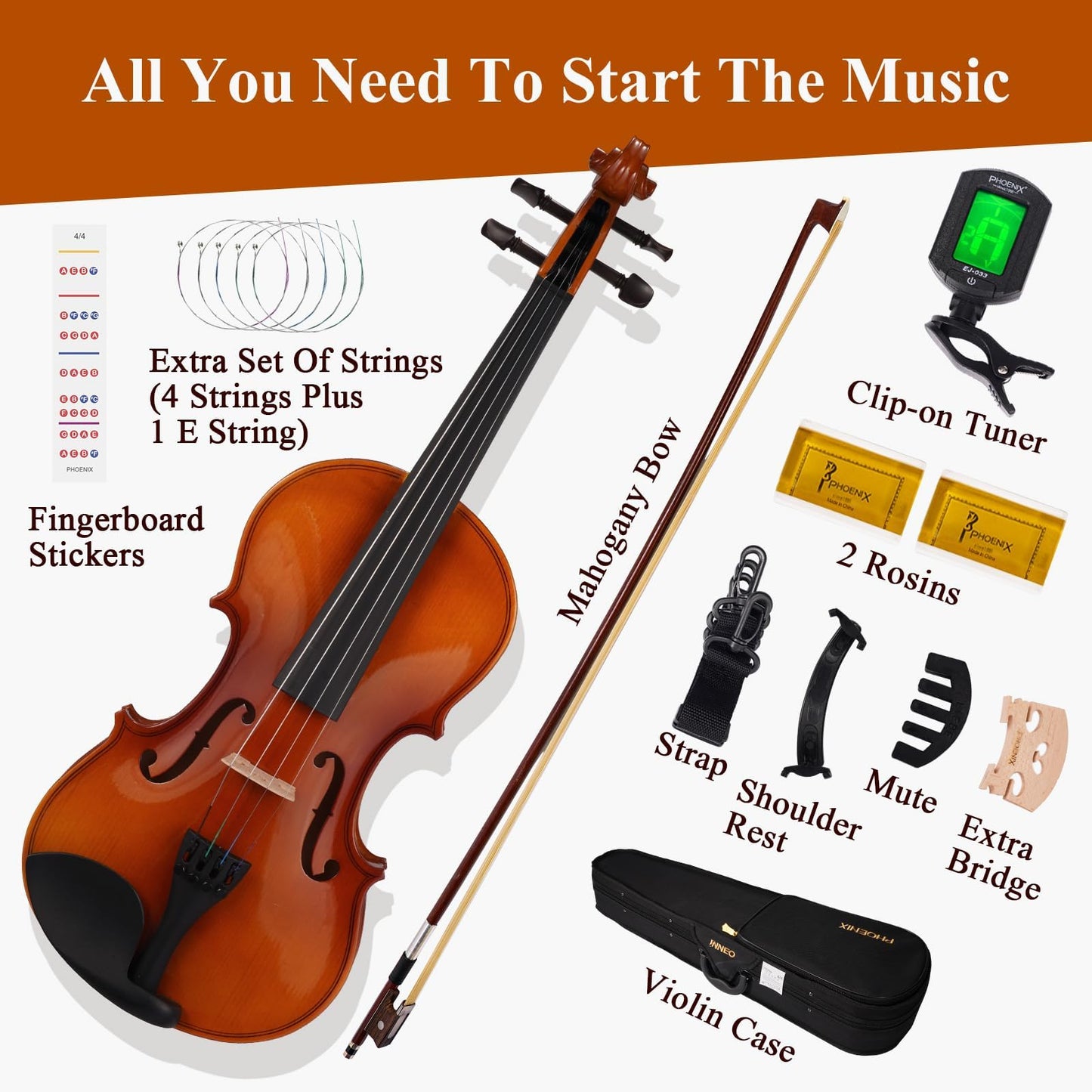 PHOENIX Violin 1/2 Full Size Kit, Violin Fiddle Set for Beginner Adults Student with Rosewood Bow, Extra Strings & Bridge, 2 Rosins, Tuner, Case, Mute, Fingerboard Stickers, Shoulder Rest (1/2)