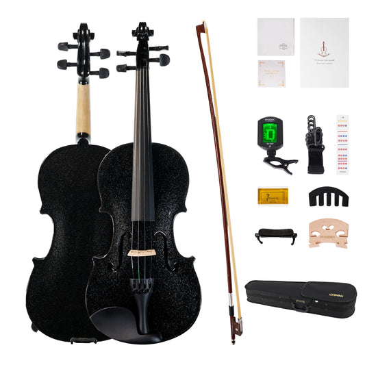 PHOENIX Violin 4/4 Full Size Set, Fiddle Solid Wood for professional Beginners Adults with Rosewood Bow Extra strings & Bridge,Rosins, Tuner, Mute, Case (Black, Full)